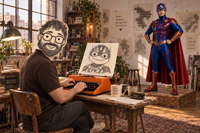 An artist with a textured portrait as their face types on an orange typewriter in a studio, with a canvas of a masked character and a superhero figure in a red cape standing on a platform in the background.
