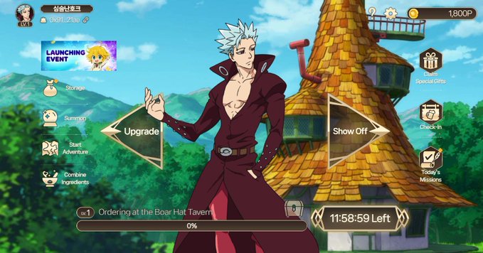 A mobile game interface featuring the anime character Ban from Seven Deadly Sins, with menu options like 'Upgrade' and 'Show Off', a 'Launching Event' banner, and a timer reading '11:58:59 Left'.