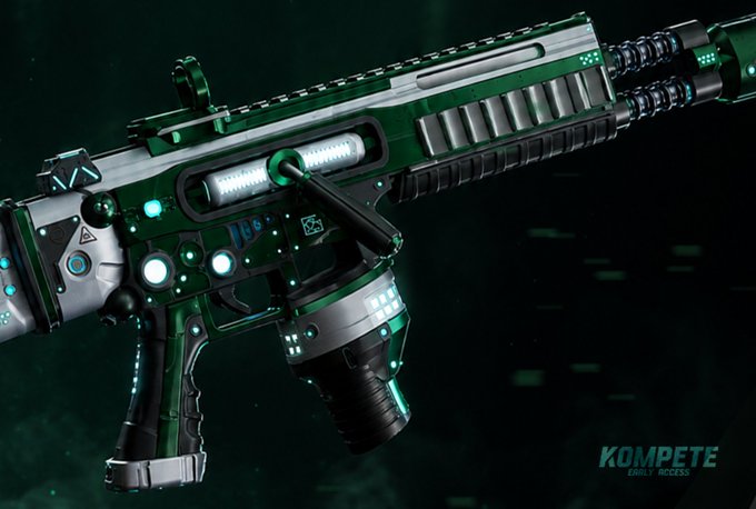 A futuristic green and silver sci-fi assault rifle with glowing cyan lights is displayed against a dark background, with 'KOMPETE EARLY ACCESS' text in the corner.