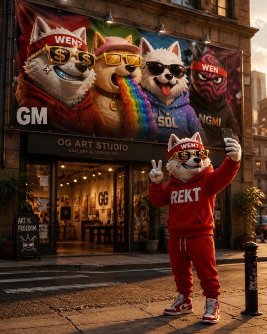 A costumed character wearing a red tracksuit, 'WEN?' headband, and gold dollar-sign sunglasses taking a selfie in front of a building with a large mural depicting similar dog characters and the text 'OG ART STUDIO'.