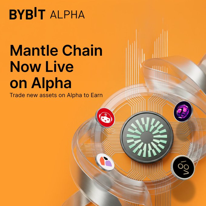 A promotional graphic for "BYBIT ALPHA" with an orange background, announcing "Mantle Chain Now Live on Alpha — Trade new assets on Alpha to Earn." The image features a central Mantle (MNT) token icon surrounded by smaller token badges, visually reinforcing the launch of Mantle ecosystem assets on Bybit's Alpha platform to bridge traditional and decentralized finance.