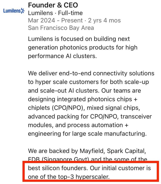 The image shows an orange text box with white borders that reads "Best Silicon Founders. Our initial customer is one of the top-3 hyperscaler customers". The text box also contains a link to Lumilens' website, which is likely where the user found this information.