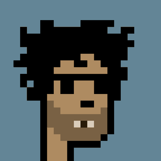 A pixelated portrait of a dark-skinned figure with a black afro hairstyle, a beard, and an earring against a gray background, representing the iconic CryptoPunk #2276 that was sold for 45.50 ETH.