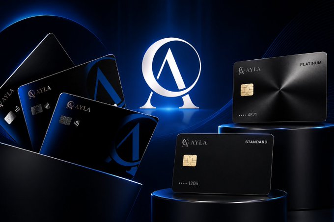 Ayla cryptocurrency cards, including Standard and Platinum versions, are showcased against a backdrop featuring the Ayla logo, suggesting their role in bridging crypto with everyday transactions.