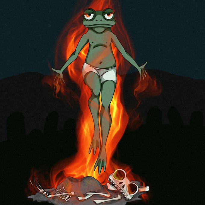 An artistic illustration of Pepe the Frog hovering in flames, wearing only white underwear, standing above a pile of bones and a skull against a dark background.
