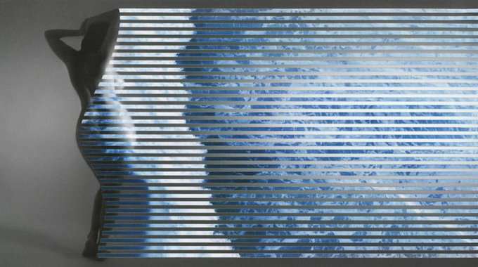 An artistic image showing the silhouette of a woman standing behind horizontal window blinds, with blue sky visible through the slats.