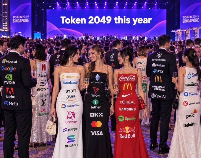 Attending Token2049 Singapore, crypto executives and tech industry leaders sport formal attire covered in company logos from Microsoft, Google, NVIDIA, Adobe, Meta, Binance, Coinbase, Ethereum, Tron, Coca-Cola, McDonald's, Nike, L'Oreal, Spotify, Red Bull, Visa, Mastercard, FTX, OpenAI, HSBC, and Solana, showcasing the diverse mix of brands represented at the conference. The image humorously illustrates the post's message about how everyone "shows up" at the Token2049 crypto conference by literally wearing their brand affiliations.