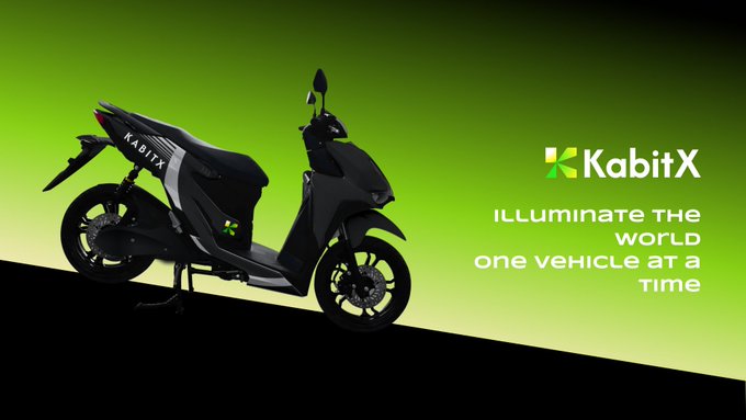 A promotional graphic shows a black scooter or moped with 'KABITX' branding, alongside the tagline 'ILLUMINATE THE WORLD one vehicle at a time' against a green background.