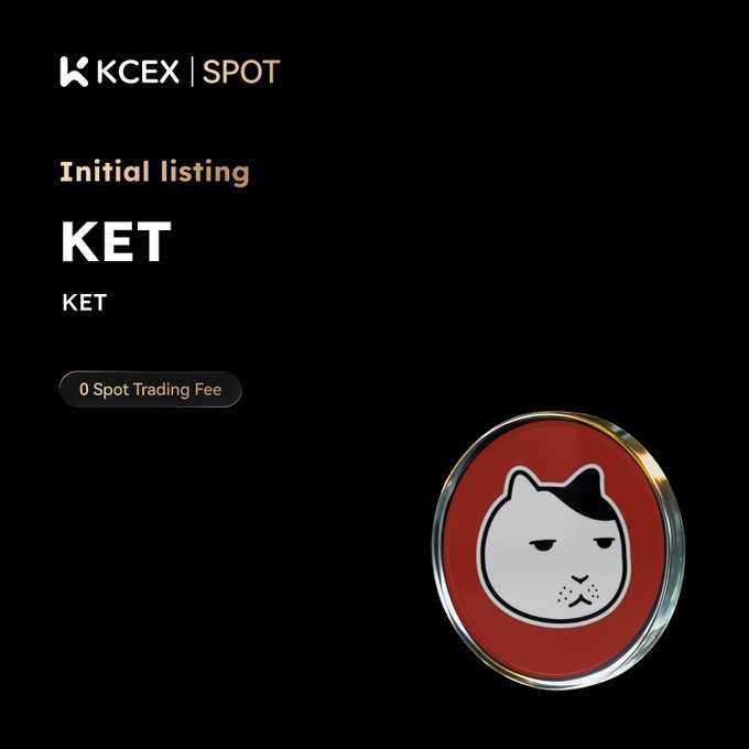 A KCEX Spot exchange listing announcement for the KET token, featuring '0 Spot Trading Fee' and a cat logo on a red circular badge.