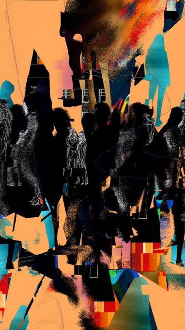 Abstract digital artwork featuring bold orange, teal, and black geometric shapes with spray-painted figures standing on platforms.