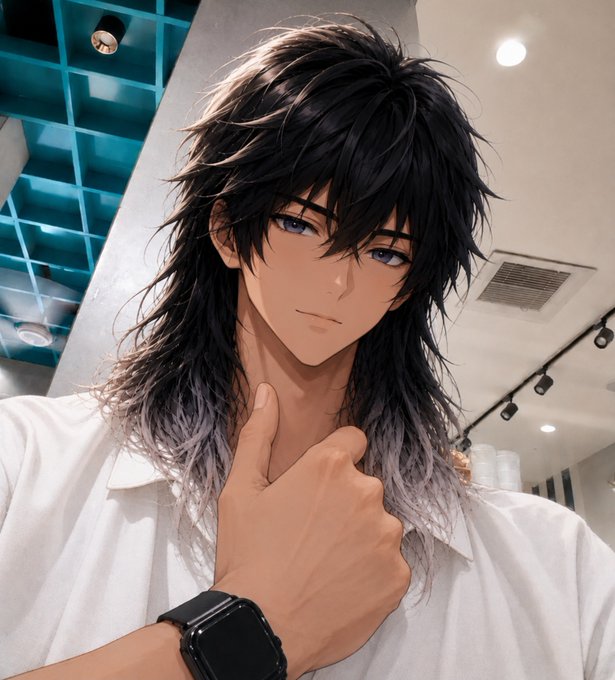 An anime-style digital illustration of a young man with long dark hair with grey tips and purple eyes, wearing a white shirt and an Apple Watch, giving a thumbs-up gesture.