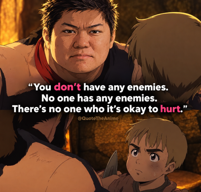 An anime still featuring two characters with a meme face overlaid on one, displaying the quote: 'You don't have any enemies. No one has any enemies. There's no one who it's okay to hurt.' watermarked with @QuoteTheAnime.
