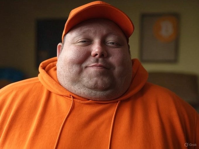 A close-up portrait of a man wearing an orange hoodie and orange cap, with a Bitcoin-themed logo framed on the wall behind him.