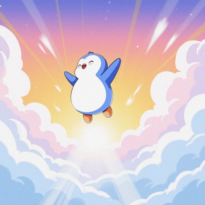 A cute, cartoon-style illustration of a small blue and white penguin with its eyes closed happily and wings raised, floating in the air above clouds against a pastel pink and orange sunset sky.