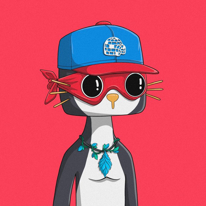 A cartoon illustration of a black and white penguin character wearing a blue and red cap featuring the Death Star, red glasses with bandana ties, and a blue leaf necklace against a red background.