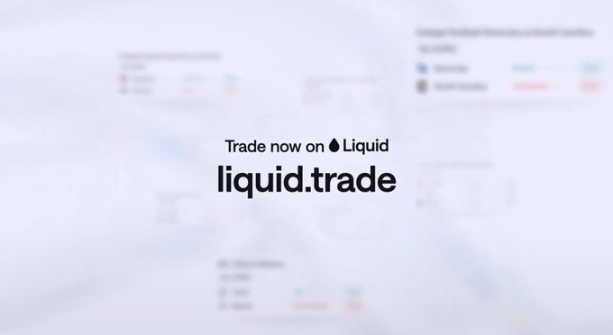 A promotional graphic with the text 'Trade now on liquid.trade' over a blurred background of trading interface screenshots.