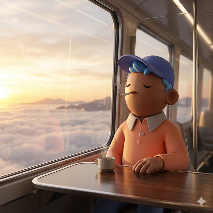 A cartoon figure wearing a blue cap and peach sweater sits at a train table with a steaming coffee cup, gazing peacefully out the window at a sunset above the clouds. The contemplative, elevated scene mirrors the post's message about rising above through presence, learning, and trusting the journey ahead.