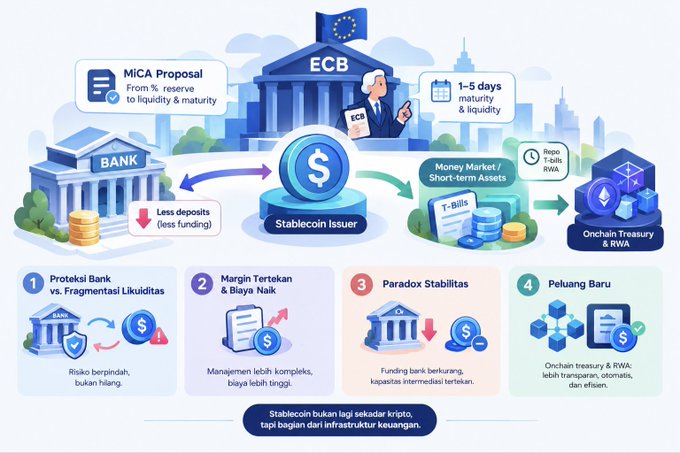 An infographic about stablecoin issuers and ECB regulations, featuring illustrations of banks, T-bills, and sections labeled in Indonesian including 'MiCA Proposal' and 'Paradox Stabilitas'.