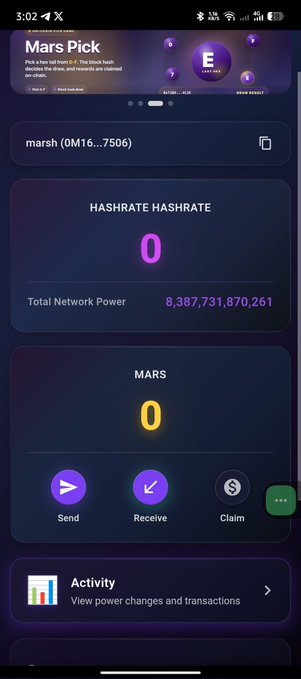 The image shows a phone screen displaying information about MarsChain, which is an app for mining cryptocurrencies like Bitcoin. The screen has a purple background with white text that reads "Discover MarsChain: A New Approach to Blockchain Mining MarsChain is built on Proof of Contribution (PoC), where users gain hashrate by contributing to the network". The phone's display shows details about the app, including its purpose and how it works.