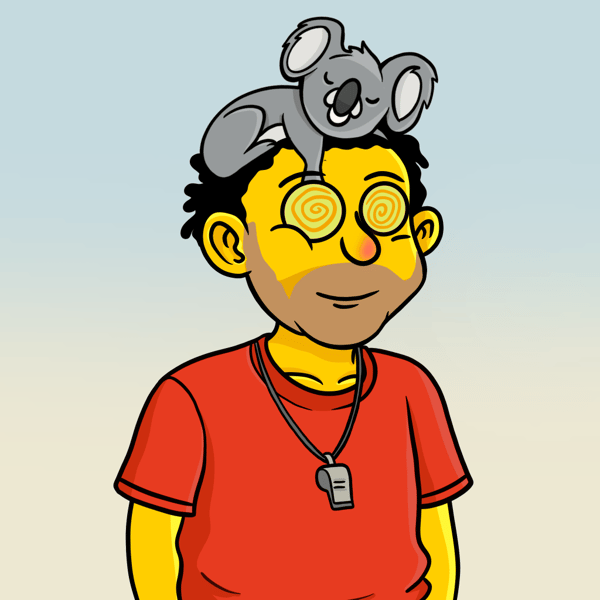 A cartoon illustration of a smiling character in a red shirt with yellow face and hypnotic spiral eyes, with a sleeping grey koala perched on top of his head.