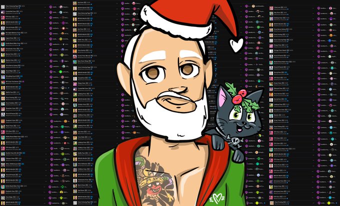 An animated cartoon illustration shows a bearded man wearing a Santa hat and a green robe, with a black cat sporting holly on its head resting on his shoulder, set against a background of chat messages.