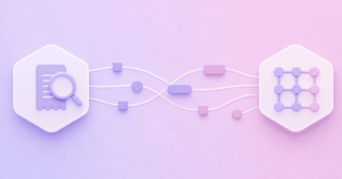 A 3D-rendered graphic on a pink-to-purple gradient background shows a hexagonal document icon with a magnifying glass connected by flowing lines to a hexagonal blockchain/data grid icon.