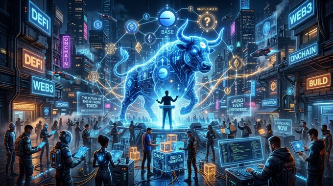 A vibrant digital art scene depicting a glowing blue bull with 'BASE' branding, surrounded by people with laptops amid neon signs reading 'DEFI', 'WEB3', 'ONCHAIN', 'BUILD', and 'LAUNCH NOW' in a futuristic city setting.