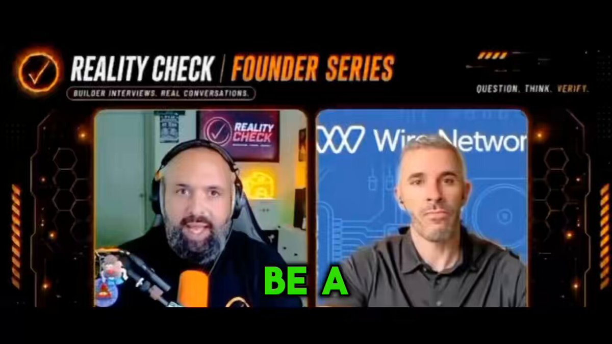 The image shows two men talking about a new technology called @WireNetwork, which is designed to connect everything already built into a transaction layer for the future of financial systems. The conversation between the two men highlights their thoughts on this innovative approach to solving problems in the AI era.