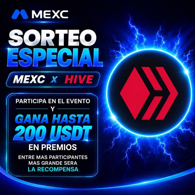 A promotional graphic for MEXC x HIVE announces a 'SORTEO ESPECIAL' giveaway with up to 200 USDT in prizes.