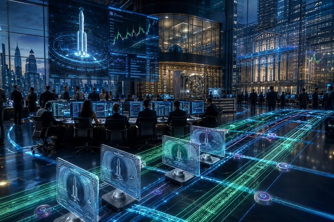 A high-tech trading floor glows with holographic screens and digital currency displays, while a rocket—representing SpaceX—and stock tickers float overhead, visually reinforcing the post's message about tokenized equities and SPCX hitting record on-chain volumes.