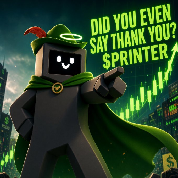 A blocky, Roblox-style character wearing a green Robin Hood hat with a feather, a halo, and a green cape poses heroically in front of a cityscape and a green stock chart with an upward arrow, alongside the text "DID YOU EVEN SAY THANK YOU? $PRINTER" — visually reinforcing the post's "RH MACHINES PRINTER" message, suggesting gratitude toward the metaphorical "printer" of the RH ecosystem.