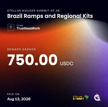 A reward certificate from the Stellar Builder Summit SP 26 showing that TrustlessWork earned 750.00 USDC for placing 2nd in the "Brazil Ramps and Regional Kits" team category, paid on Aug 13, 2026.
