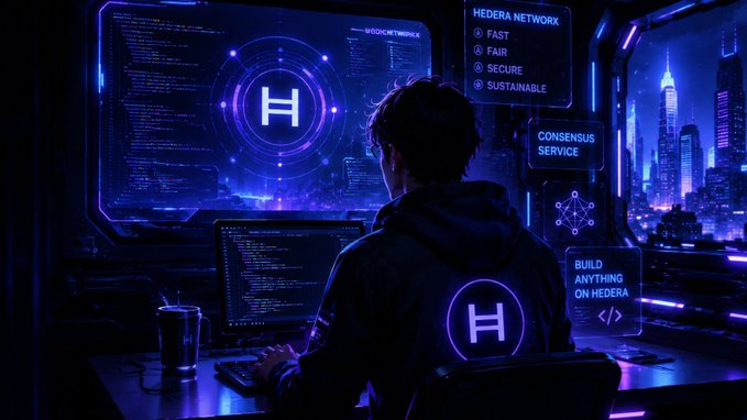 A person sits at a desk facing multiple monitors displaying purple neon interfaces with an 'H' logo. Text on the screens reads 'HEDERA NETWORK', 'FAST FAIR SECURE SUSTAINABLE', 'CONSENSUS SERVICE', and 'BUILD ANYTHING ON HEDERA'.