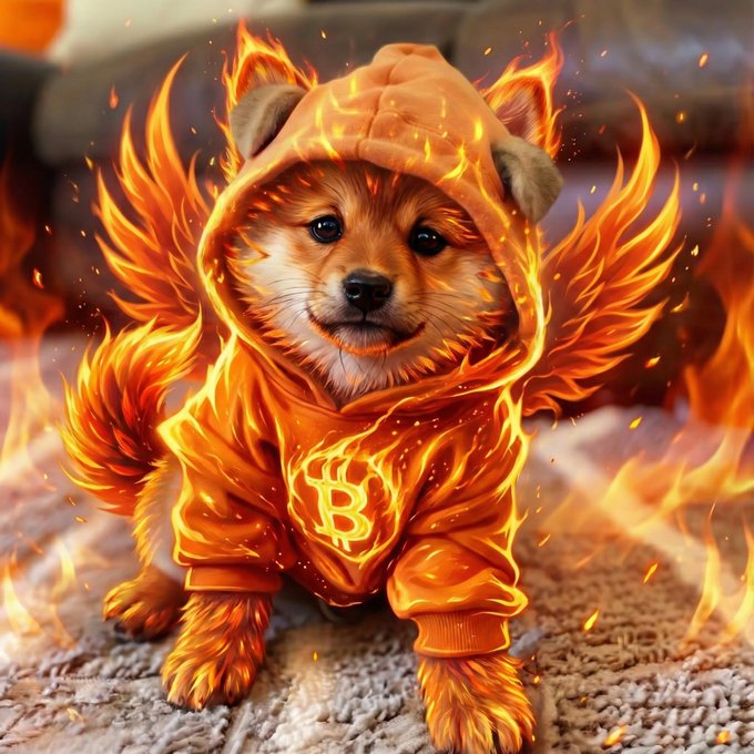 A Shiba Inu puppy wearing an orange hoodie featuring the Bitcoin "₿" logo, surrounded by stylized flames.

The image reinforces the post's fiery, anti-establishment crypto message by depicting the iconic Doge-associated Shiba Inu adorned with Bitcoin branding and engulfed in flames, symbolizing the burning away of old, manipulative crypto "dump" culture in favor of the rebuild ethos that $DOG represents.