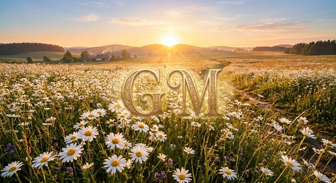 Golden "GM" letters shimmer in a sunlit meadow of daisies at sunrise, capturing the warm, uplifting spirit of a Sunday morning greeting to the crypto community.