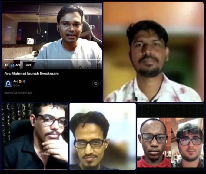 A grid of video call participants showing the "Arc Mainnet launch livestream" by @arc, with the post lamenting that the Arc chain crashed immediately after launch and recommending Robinhood and Base as better alternatives for finding crypto gems.