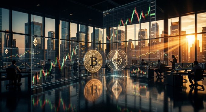 A stylized illustration of a financial trading office displaying cryptocurrency symbols including Bitcoin and Ethereum, with candlestick charts and a city skyline at sunset.