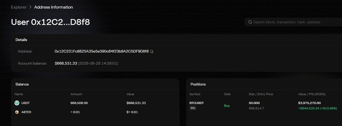 A blockchain explorer page for Address 0x12C231fc8825A35e5e300c84f23b9A2C5D9D08f8 showing a balance of $666,531.33 with positions in USDT ($666,631.33) and BTC/USDT ($3,976,270.58).
