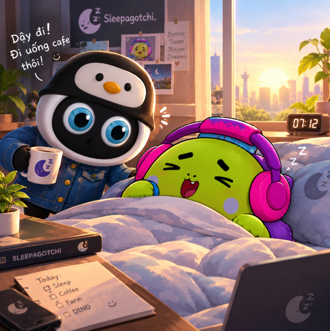 Adorable cartoon illustration featuring a penguin character in a penguin hoodie saying 'Dãy đi! Đi uống cafe thôi!' while waking a green character wearing pink headphones called 'Sleepagotchi', set in a cozy bedroom at 7:12 with a to-do list.