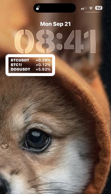 A smartphone lock screen displaying the time 08:41 on Mon Sep 21, featuring a close-up photo of a puppy's face as the wallpaper and a crypto widget showing BTCUSDT +0.26%, BTC!! +0.12%, and DOGUSDT +5.93%.