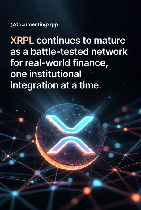A promotional graphic for XRP Ledger (@documentingxrpp) stating 'XRPL continues to mature as a battle-tested network for real-world finance, one institutional integration at a time.'