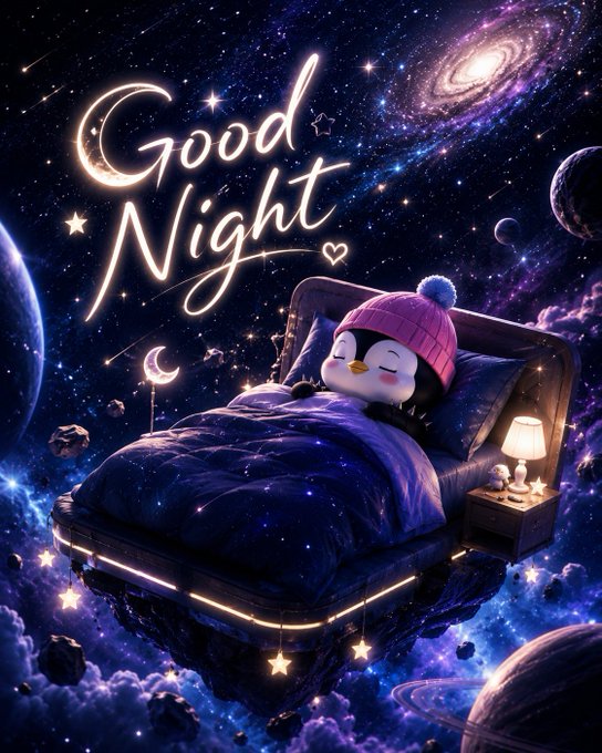 A fantasy "Good Night" illustration showing a penguin sleeping in a floating bed in space, surrounded by stars, galaxies, and nebulae.