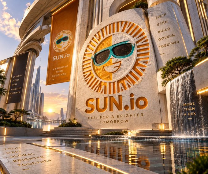 A promotional image for SUN.io features a large smiling sun wearing sunglasses carved into stone, with text including 'SUN.io DEFI FOR A BRIGHTER TOMORROW', 'SWAP EARN BUILD GOVERN TOGETHER', and 'LIQUIDITY PEOPLE IDEAS A BRIGHTER TOMORROW'.