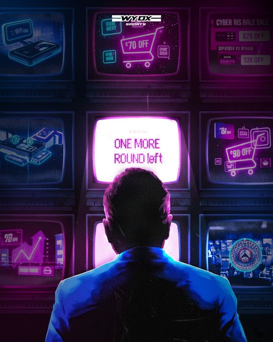 A neon-lit cyberpunk illustration showing a silhouetted man facing a wall of glowing screens displaying 'ONE MORE ROUND left', 'WYOX SPORTS', 'CYBER BIG SALE SALE', '$70 OFF', and '$90 OFF' promotions.