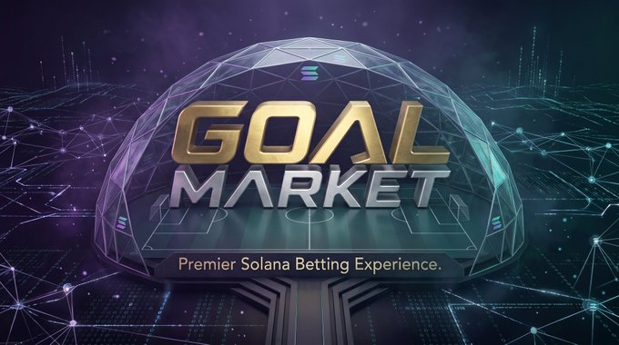 The image features a large dome-shaped structure that has "GOLD MARKET" written on it in gold letters. The dome appears to be made of glass, giving it an impressive appearance. Surrounding the dome are numerous lines and dots, creating a sense of depth and complexity. The text "NEW GEM ON SOLANA? $GOAL is making serious moves right now!" suggests that there might be some sort of connection between the image and the cryptocurrency market or the game Solana.