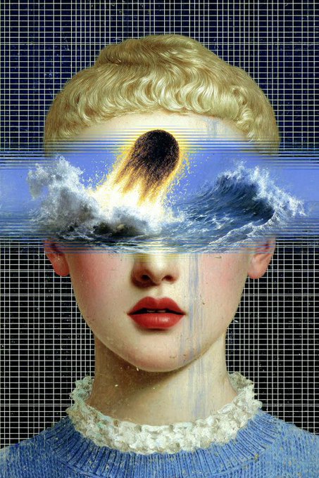 A surrealist digital collage features a woman with short blonde curly hair and a blue sweater, whose upper face is obscured by a wave crashing with a burning meteor, set against a black grid background.
