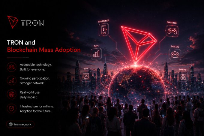 A promotional graphic for TRON blockchain titled 'TRON and Blockchain Mass Adoption,' featuring a red neon TRON diamond logo over a glowing city with icons for Payments, Gaming, Social, DApps, NFT, and DeFi.