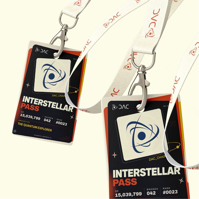 Two "Interstellar Pass" ID badges on lanyards are displayed, featuring DAC_Chain branding, rank #0023, 15,039,799 QE, 042 badges, and "The Quantum Explorer" archetype, representing top-tier achievement stats highlighted in the Inception Wrapped ranking.