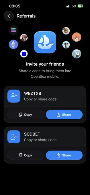 A screenshot of the OpenSea mobile app referrals page with the text 'Invite your friends, Share a code to bring them into OpenSea mobile' and two shareable referral codes: 'WE7TX8' and 'SCDBET'.