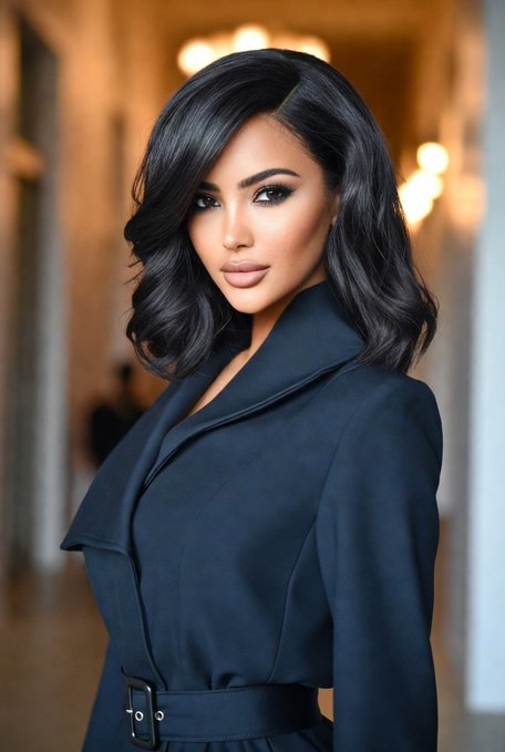A woman with dark hair and a blue coat stands confidently against a white wall, exuding elegance and poise.